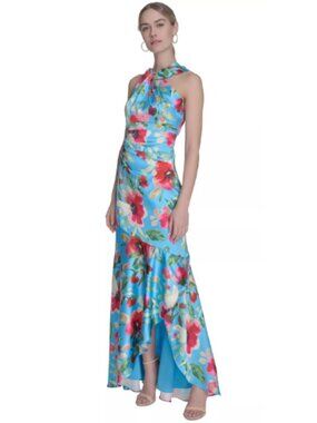 Eliza J Blue Floral Halter Neck Gown High-Low Hem Formal Event Size 12